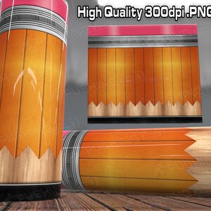 May include: A sublimation design featuring a pencil with a yellow and orange wood grain pattern. The design includes a black and silver band at the top and a black band at the bottom. The design is perfect for creating custom tumblers, mugs, and other items.