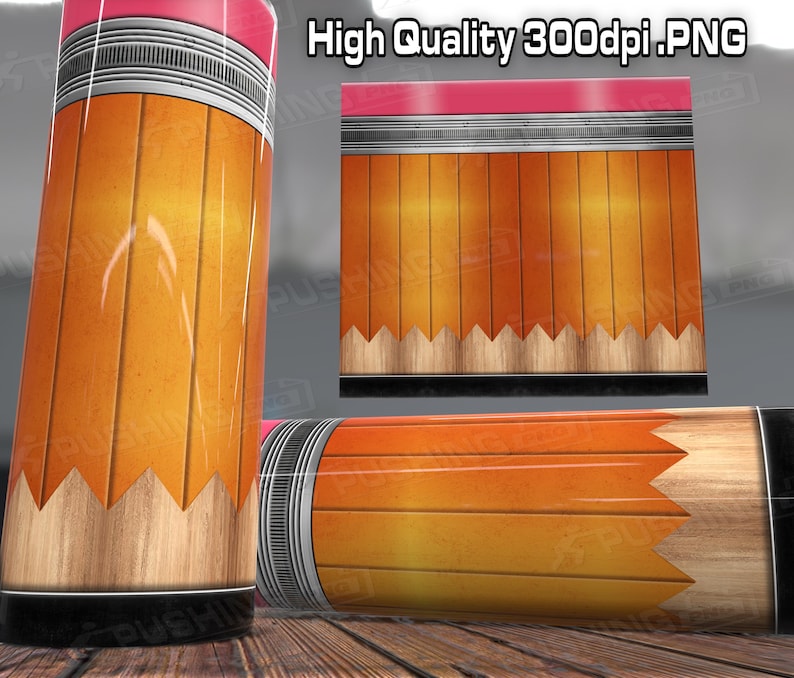 May include: A sublimation design featuring a pencil with a yellow and orange wood grain pattern. The design includes a black and silver band at the top and a black band at the bottom. The design is perfect for creating custom tumblers, mugs, and other items.