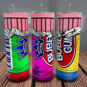 May include: Three 20 ounce stainless steel tumblers with a bubble gum wrapper design. The tumblers are pink, purple, and blue with the words "Bubble Gum" and "America's Original" printed on them.