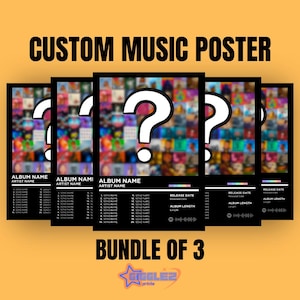 Puede incluir: Un paquete de tres carteles de música personalizados. Cada cartel presenta un gran signo de interrogación blanco sobre un fondo colorido. Los carteles incluyen secciones para el nombre del álbum y del artista, listas de canciones e información sobre la fecha de lanzamiento. También se ve el texto "CUSTOM MUSIC POSTER" y "BUNDLE OF 3".