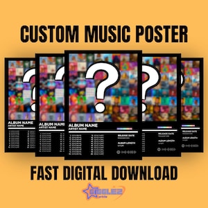 May include: Custom music poster design with a question mark over a colorful background. The poster includes album details, song names, and release information. Text on the poster reads "CUSTOM MUSIC POSTER" and "FAST DIGITAL DOWNLOAD."