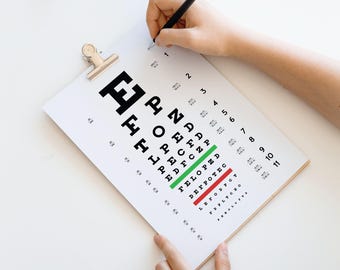 Snellen-ooggrafiek | Oogarts-optometrie | Oogheelkundig oogonderzoek | Klembord- en posterafdruk | Opticien test kunst aan de muur | Pdf