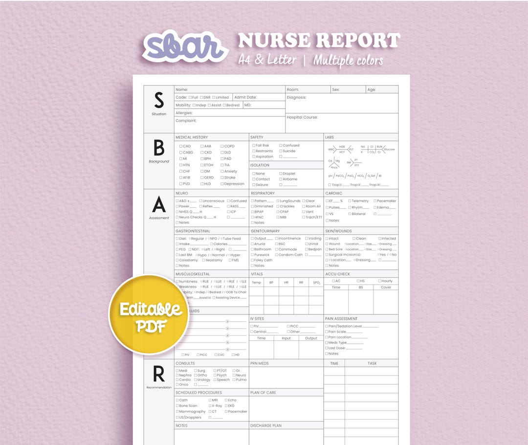 SBAR Nursing Report Sheet | Medsurg Brain ICU | RN Nurse Shift Handoff ...