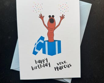 Marcus Worm Present Birthday Card - blank inside - handmade
