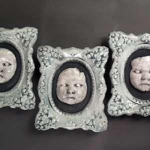 Ceramic Doll Face Wall Hanging: Celadon Frame, Victorian Inspired