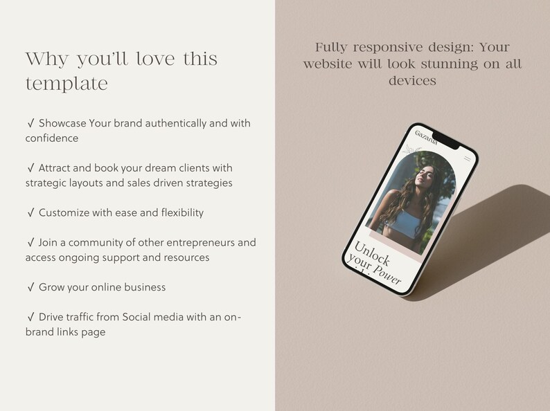 K&ouml;nnte beinhalten: Ein Mockup einer Website-Vorlage auf einem Smartphone. Die Website ist f&uuml;r ein Unternehmen konzipiert, das Dienstleistungen anbietet, um Menschen zu helfen, ihr Potenzial auszusch&ouml;pfen. Die Website ist vollst&auml;ndig responsiv und sieht auf allen Ger&auml;ten fantastisch aus. Die Website bietet einen Call-to-Action, um einer Community von Unternehmern beizutreten und auf fortlaufende Unterst&uuml;tzung und Ressourcen zuzugreifen.