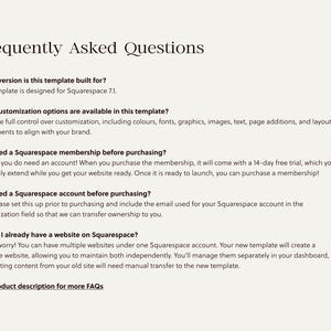 K&ouml;nnte beinhalten: H&auml;ufig gestellte Fragen zu Squarespace-Website-Vorlagen. Diese Vorlage ist f&uuml;r Squarespace 7.1 konzipiert. Sie umfasst Anpassungsm&ouml;glichkeiten wie Farben, Schriftarten, Grafiken, Bilder, Text, Seitenzus&auml;tze und Layoutanpassungen. Sie k&ouml;nnen eine 14-t&auml;gige kostenlose Testversion einer Squarespace-Mitgliedschaft erwerben. Sie ben&ouml;tigen ein Squarespace-Konto, um die Vorlage zu kaufen. Sie k&ouml;nnen mehrere Websites unter einem einzigen Squarespace-Konto haben.