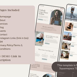 K&ouml;nnte beinhalten: Eine Website-Vorlage f&uuml;r Squarespace 7.1 mit einem hellrosa und wei&szlig;en Farbschema und einem minimalistischen Design. Die Website ist f&uuml;r einen Wellness-Coach und umfasst Seiten f&uuml;r eine Startseite, &Uuml;ber uns, Dienstleistungen, Blog, Veranstaltungen, Kontakt, Instagram-Links, eine 404-Seite und eine Datenschutzrichtlinie. Die Website enth&auml;lt auch einen Live-Demo-Link in der Beschreibung.