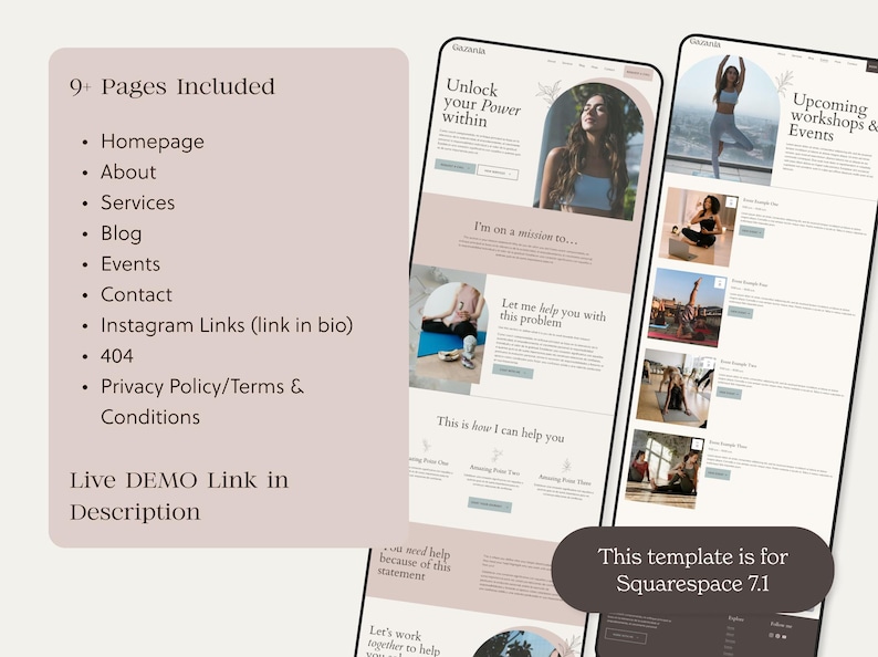 K&ouml;nnte beinhalten: Eine Website-Vorlage f&uuml;r Squarespace 7.1 mit einem hellrosa und wei&szlig;en Farbschema und einem minimalistischen Design. Die Website ist f&uuml;r einen Wellness-Coach und umfasst Seiten f&uuml;r eine Startseite, &Uuml;ber uns, Dienstleistungen, Blog, Veranstaltungen, Kontakt, Instagram-Links, eine 404-Seite und eine Datenschutzrichtlinie. Die Website enth&auml;lt auch einen Live-Demo-Link in der Beschreibung.