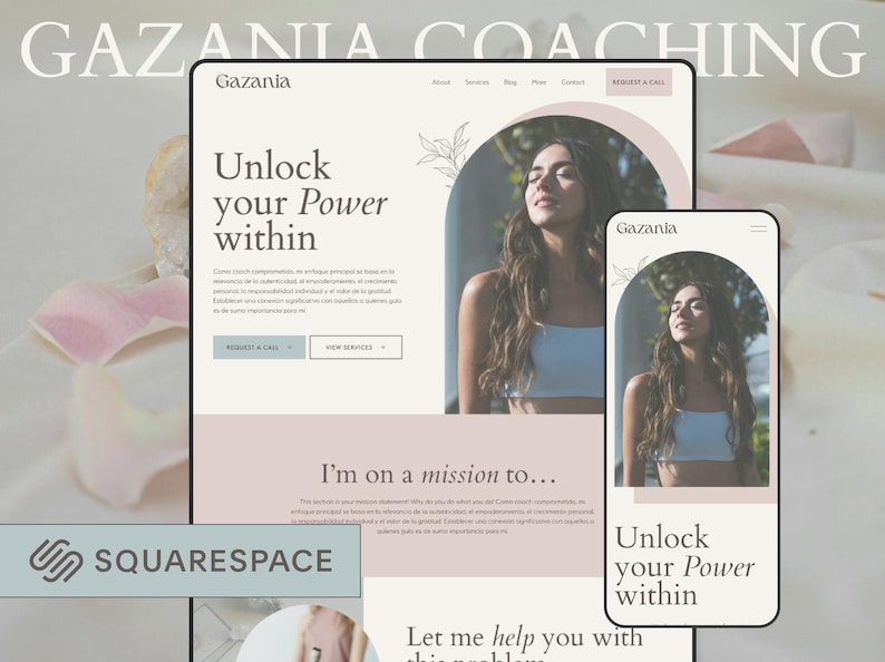 K&ouml;nnte beinhalten: Ein Screenshot einer Website f&uuml;r Gazania Coaching, einen Coaching-Dienst. Die Website hat einen hellrosa Hintergrund mit einem wei&szlig;en Textfeld, in dem "Entfessle deine innere Kraft" steht. Das Textfeld ist von einem hellrosa Torbogen mit floralem Design umgeben. Die Website zeigt auch ein Foto einer Frau mit geschlossenen Augen und zur&uuml;ckgelehntem Kopf. Die Website ist schlicht und elegant gestaltet.