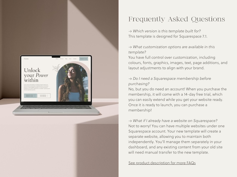 K&ouml;nnte beinhalten: Ein Laptop-Computer zeigt eine Website mit dem Text "Unlock your Power within". Die Website zeigt ein Foto einer Frau mit geschlossenen Augen vor einem hellbraunen Hintergrund mit einem wei&szlig;en Bogen.