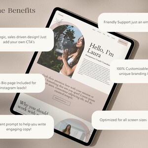 K&ouml;nnte beinhalten: Ein Website-Mockup auf einem Tablet-Bildschirm mit hellem Hintergrund. Die Website zeigt ein Foto einer Frau in einer Yoga-Pose mit dem Text "Hallo, ich bin Laura" und "Unternehmerische Coach | Leitfaden". Die Website enth&auml;lt auch Text, der "Die Vorteile" lautet und mehrere Vorteile der Verwendung der Website auflistet, wie z. B. "Strategisches, verkaufsorientiertes Design! F&uuml;gen Sie einfach Ihre eigenen CTA's hinzu", "Link in Bio-Seite ist f&uuml;r Instagram-Leads enthalten!" und "Inhaltsaufforderung, um Ihnen beim Verfassen ansprechender Inhalte zu helfen!"