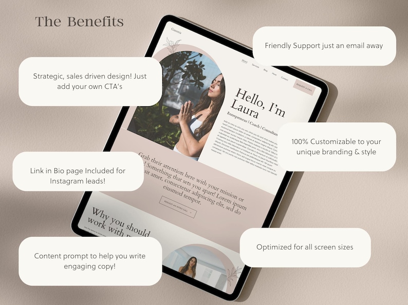 K&ouml;nnte beinhalten: Ein Website-Mockup auf einem Tablet-Bildschirm mit hellem Hintergrund. Die Website zeigt ein Foto einer Frau in einer Yoga-Pose mit dem Text "Hallo, ich bin Laura" und "Unternehmerische Coach | Leitfaden". Die Website enth&auml;lt auch Text, der "Die Vorteile" lautet und mehrere Vorteile der Verwendung der Website auflistet, wie z. B. "Strategisches, verkaufsorientiertes Design! F&uuml;gen Sie einfach Ihre eigenen CTA's hinzu", "Link in Bio-Seite ist f&uuml;r Instagram-Leads enthalten!" und "Inhaltsaufforderung, um Ihnen beim Verfassen ansprechender Inhalte zu helfen!"