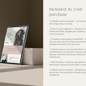 K&ouml;nnte beinhalten: Ein Mockup einer Website auf einem Tablet-Computer. Die Website ist f&uuml;r ein Unternehmen namens "Unlock your Power within". Die Website zeigt ein Foto einer Frau mit geschlossenen Augen und einem Untertitel, der "Ich glaube nur an deinen Erfolg" lautet. Der Text auf der rechten Seite des Bildes listet die Vorteile des Kaufs der Website-Vorlage auf, darunter Kundensupport, Kopier-Vorschl&auml;ge, ein Anpassungsleitfaden, lebenslanger Zugriff auf ein Portal, eine SEO-Checkliste und eine Website-Start-Checkliste.