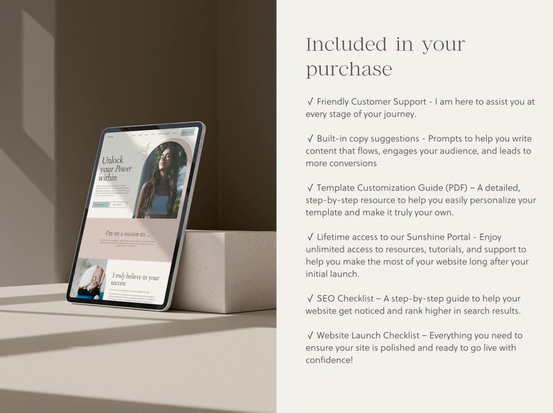 K&ouml;nnte beinhalten: Ein Mockup einer Website auf einem Tablet-Computer. Die Website ist f&uuml;r ein Unternehmen namens "Unlock your Power within". Die Website zeigt ein Foto einer Frau mit geschlossenen Augen und einem Untertitel, der "Ich glaube nur an deinen Erfolg" lautet. Der Text auf der rechten Seite des Bildes listet die Vorteile des Kaufs der Website-Vorlage auf, darunter Kundensupport, Kopier-Vorschl&auml;ge, ein Anpassungsleitfaden, lebenslanger Zugriff auf ein Portal, eine SEO-Checkliste und eine Website-Start-Checkliste.