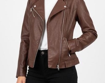 Made by Johnny Faux Leather Moto Jacket Women’s Small | Camel Vegan Leather Biker Jacket | Zip Front Fitted Jacket