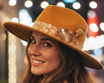 Artisan Felt Wide Brim Hat • Camel Rancher Fedora • Agate Stone Band • Boho Western Festival Hat • One Size