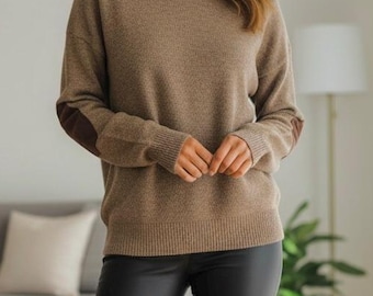 Vintage Wool Elbow Patch Sweater | Unisex Brown Wool Pullover | Classic Heritage Crewneck