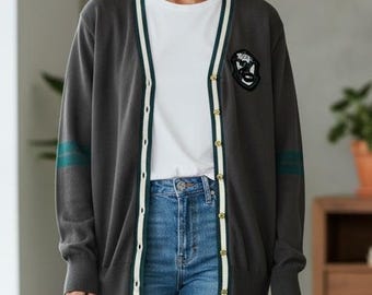 Harry Potter Slytherin Cardigan • Large • Gray & Green Button Front Sweater • Cozy Fandom Layer