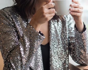 Flip Sequin Blazer | Cream & Black Statement Jacket | Open Front Women’s Small | Cupcakes and Cashmere