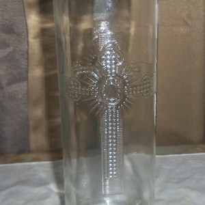 Vintage Catholic Church Sanctuary Glass Candle Vase, Embossed Cross