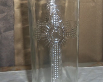 Vintage Catholic Church Sanctuary Glass Candle Vase, Embossed Cross