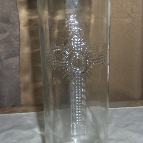 Vintage Catholic Church Sanctuary Glass Candle Vase, Embossed Cross