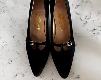 Salvatore Ferragamo Black Suede Heels – Size 9B Made in Italy | Vintage Designer Pumps with Buckle Strap | Pointed Toe Mid Heel Shoes