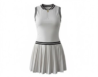 Varley White Pleated Dress Medium | Zip Front Athletic Dress | Quiet Luxury Activewear