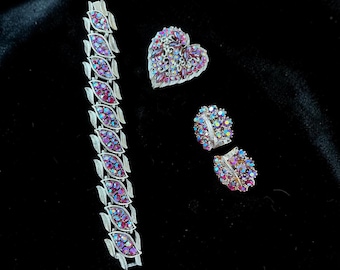 Vintage Coro AB Rhinestone Jewelry Set, Aurora Borealis Heart Brooch, Bracelet & Clip On Earrings, Mid Century Silver Tone Costume Jewelry