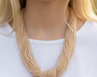 Vintage 1980s Multi Strand Seed Bead Necklace | Peach Champagne Beaded Statement Necklace | Boho Layered Bib Necklace