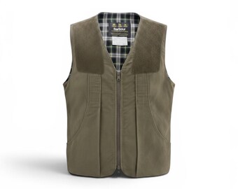 Vintage 1990s Barbour Shooting Vest Made in England Olive Green British Field Hunting Utility Vest Large