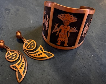 Vintage Southwestern Copper Tone Cuff Bracelet & Earring Set