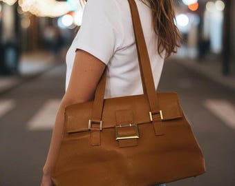 Vintage Italian Leather Shoulder Bag | Cognac Brown Structured Tote | Made in Italy