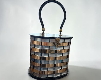 Vintage Dorset Rex Lucite Cage Handbag | Black and Gold Basket Purse | 1950s 1960s Cocktail Bag