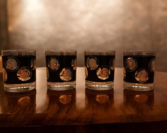 Vintage Coin Medallion Rocks Glasses | Set of 4 | Black & Gold Mid Century Barware | Whiskey Lowball Glasses