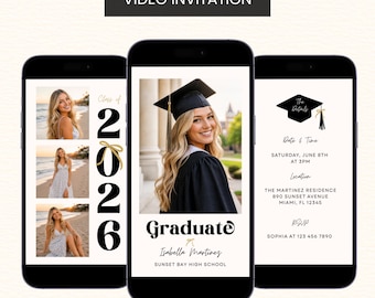 Graduation Announcement & Party Video Invitation, Class of 2026 Photo Collage Invite: Editable E-invite Canva Template