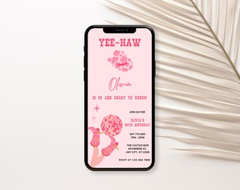 Disco Cowgirl Pink E-invite, Birthday Invitation, 30th Party Invite, 30 And Ready To Rodeo, Digital Invite Template, Instant Download