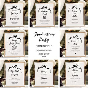 Conjunto de placas de mesa para festa de formatura com laço preto, conjunto com 8 modelos editáveis do Canva, decorações de formatura personalizáveis e imprimíveis, download instantâneo