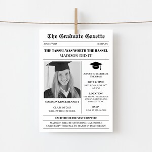 Newspaper Graduation Announcement & Party Invitation, Class of 2025, Grad Party Invite, Printable Canva Template, Instant Download