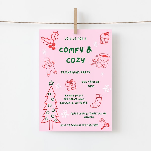 Gemütlich & Gemütlich Freunde Weihnachten Party Einladung, Weihnachten Pyjama Party Einladen, Skurriles Handgezeichnetes festliches Design, druckbare Vorlage