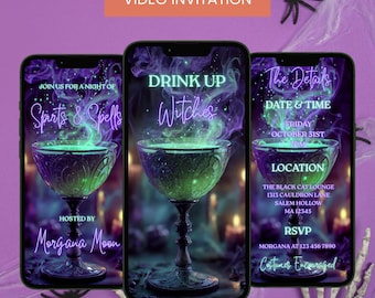 Drink Up Witches Halloween Party Video Phone Invitation: Editable E-invite Canva Template