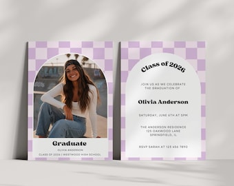 Checkerboard Graduation Announcement & Party Invitation, Grad Photo Card: Editable Canva Template
