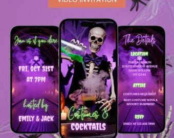 Costumes & Cocktails Halloween Party Video Phone Invitation: Editable E-invite Canva Template