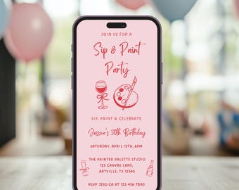 Sip & Paint Birthday Party E-invite, Wine and Paint Invitation, Digital Invite Canva Template, Instant Download