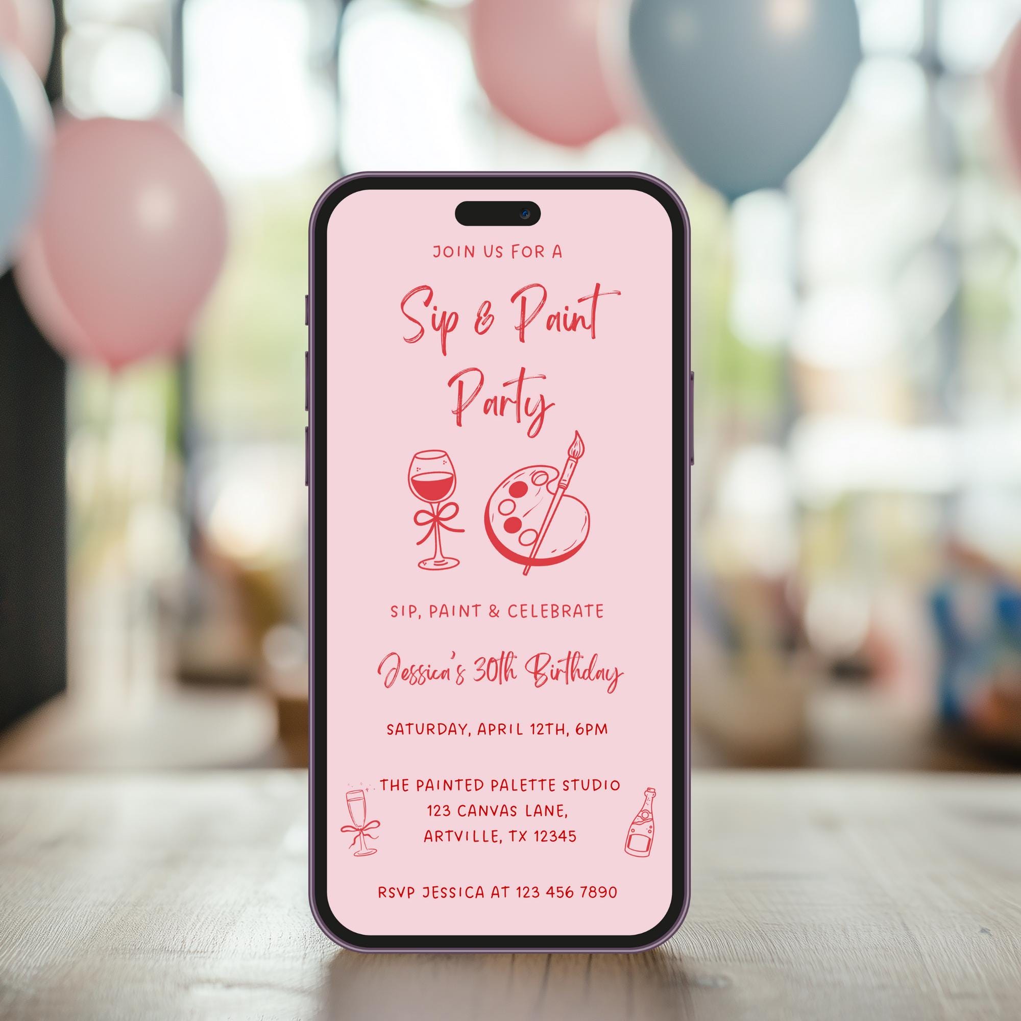 Sip & Paint Birthday Party E-invite, Wine and Paint Invitation, Digital ...