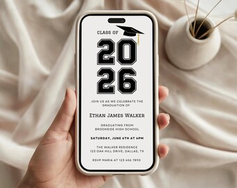 Class of 2026 Graduation Party Phone Invitation, Varsity Style: Editable E-invite Canva Template