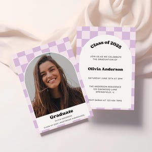Faire-part de remise des diplômes et faire-part de fête, faire-part de remise des diplômes en damier, carte photo pour les diplômés, modèle de toile imprimable, téléchargement immédiat