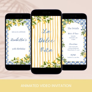 Animerad videoinbjudan till Medelhavsfödelsedagsfest, inbjudan med blå kakel och citroner: Redigerbar e-inbjudningsmall i Canva