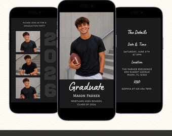 Graduation Announcement & Party Video Invitation, Boy Grad Photo Collage Invite: Editable E-invite Canva Template